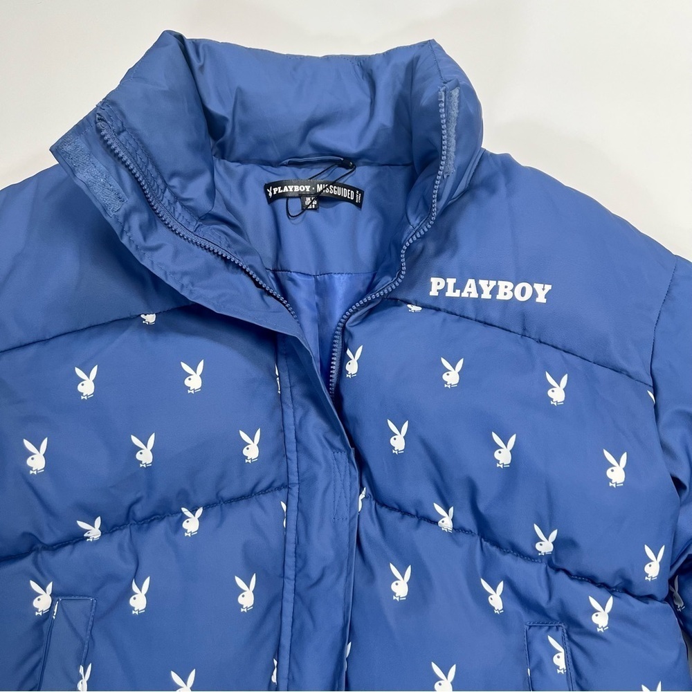 Playboy x Missguided Blue Logo Puffer Jacket Y2K Streetwear Size 8 Cropped Coat - Picture 2 of 9